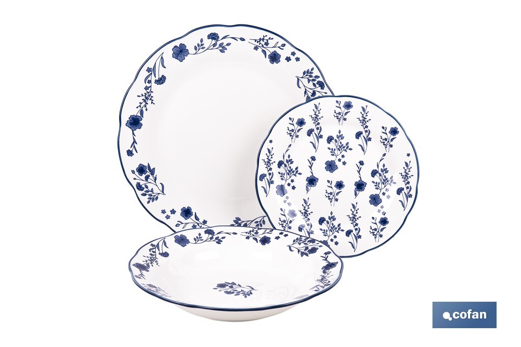 Vajilla de porcelana con flores azules | Set de 18 piezas | Adecuado para 6 personas | Apta para lavavajillas, microondas y hor